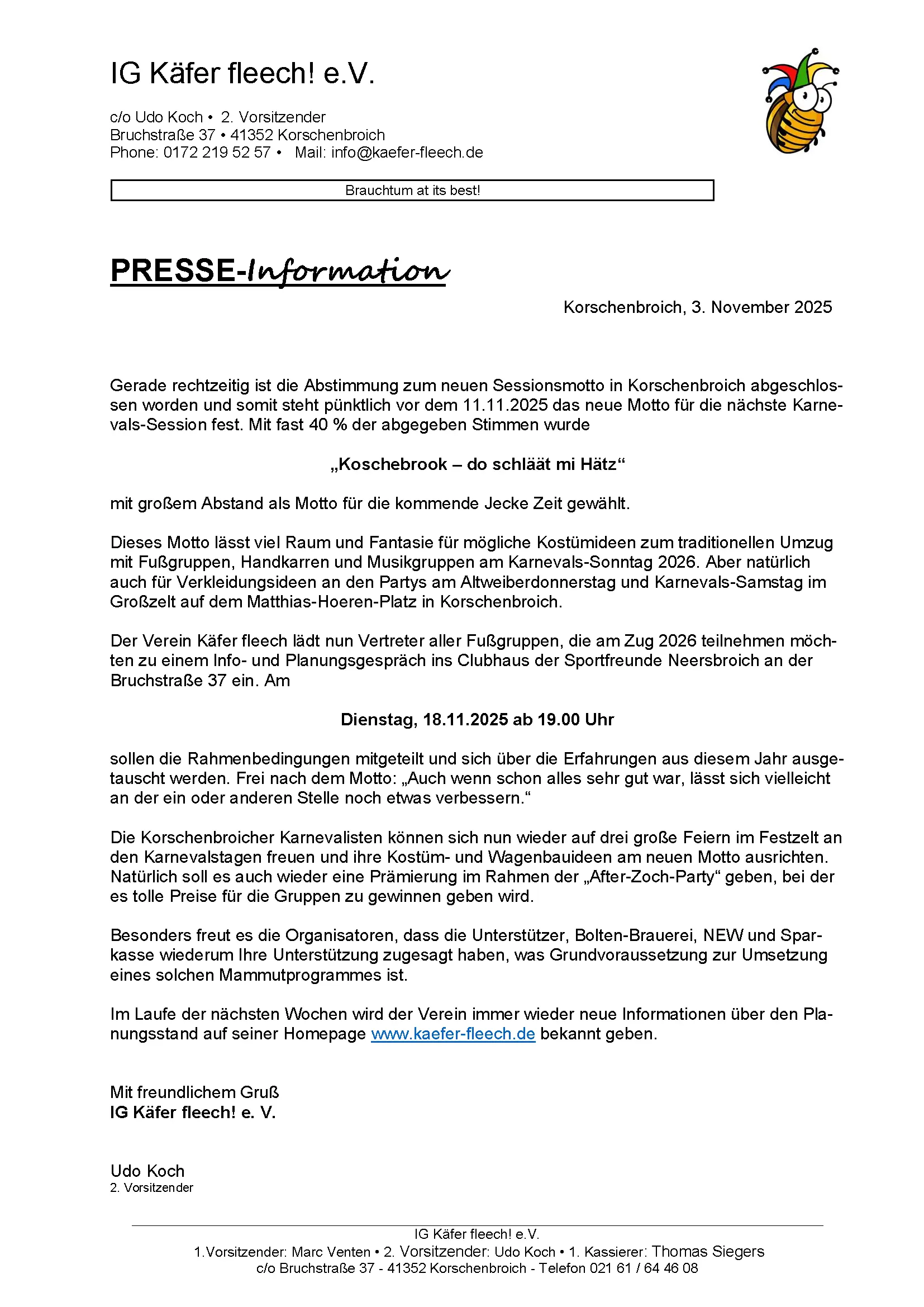 Presseinformation_202511003_Neues Motto 2026 Presseinfo Karneval 2026 in Korschenbroich